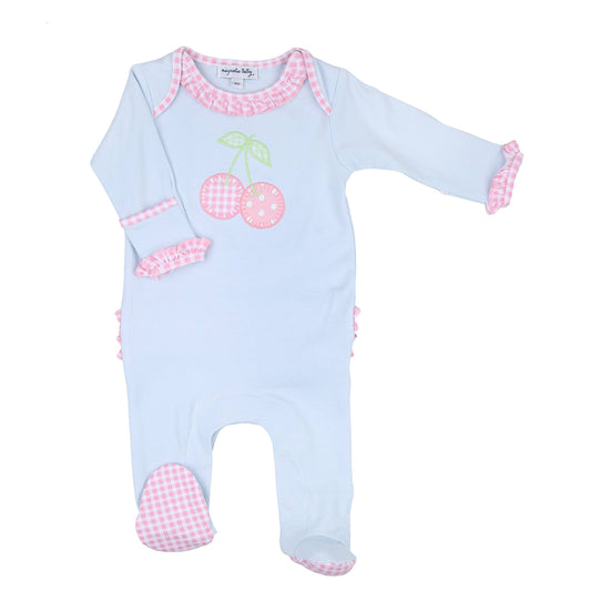 Sweet Cherry Applique Pink Ruffle Footie