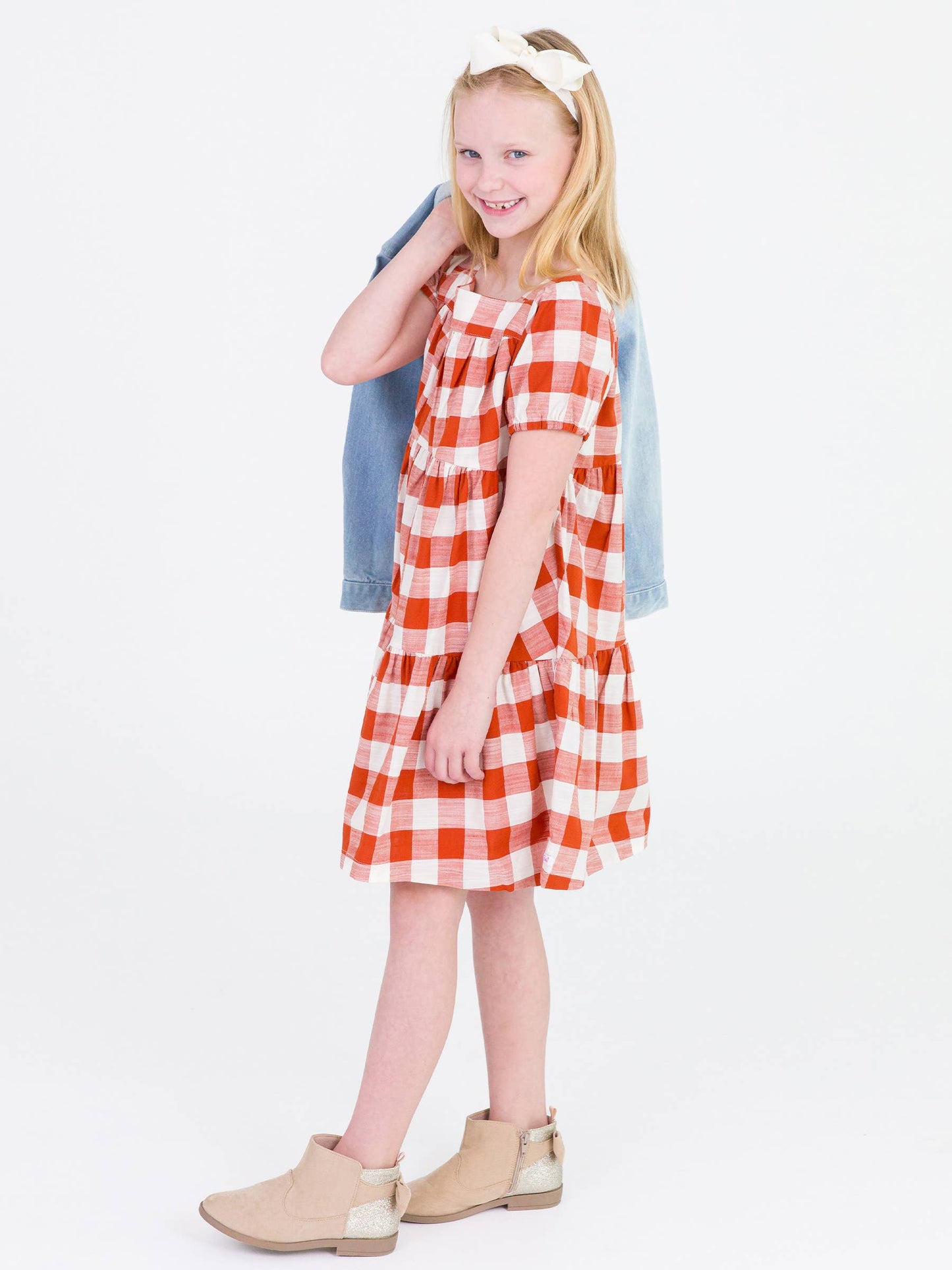 Rust Plaid Puff Short Sleeve Check Tiered Dress