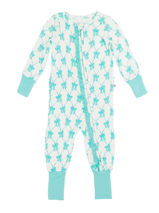 Teal Fairytale Bows Bamboo Viscose Convertible Ruffle One Piece Pajama