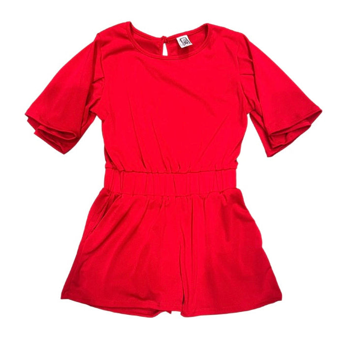 girls red tulip sleeved gathered waist romper