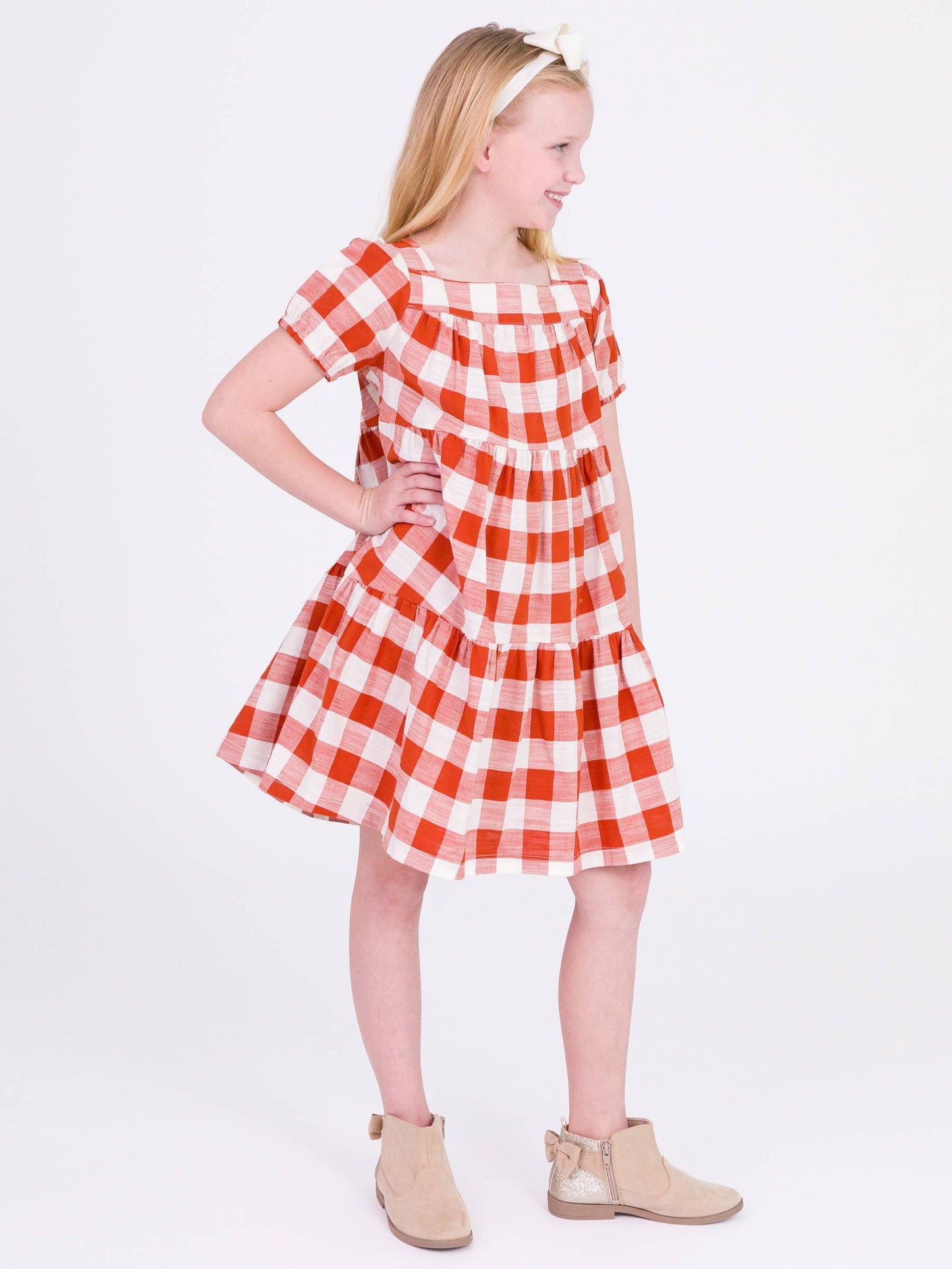 Rust Plaid Puff Short Sleeve Check Tiered Dress
