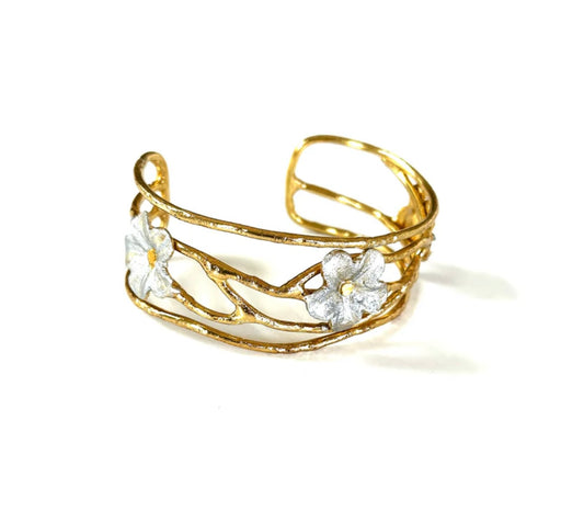 gold filled 1" cuff with silver flowers and vines