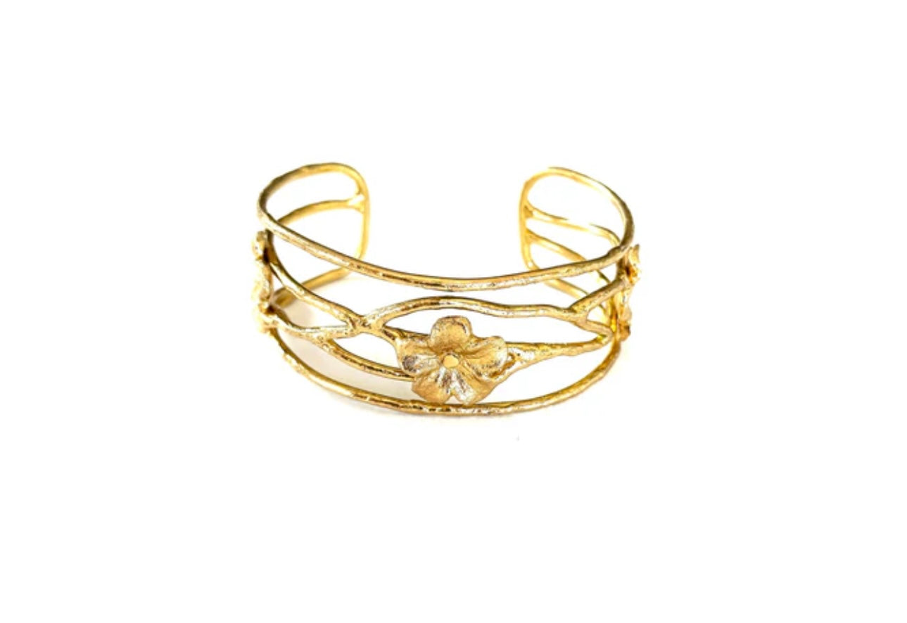 gold filled 1 " cuff bracelet with flowers and vines