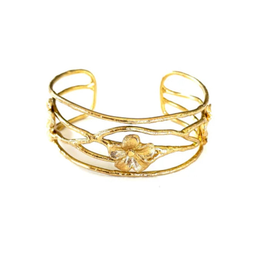 gold filled 1 " cuff bracelet with flowers and vines