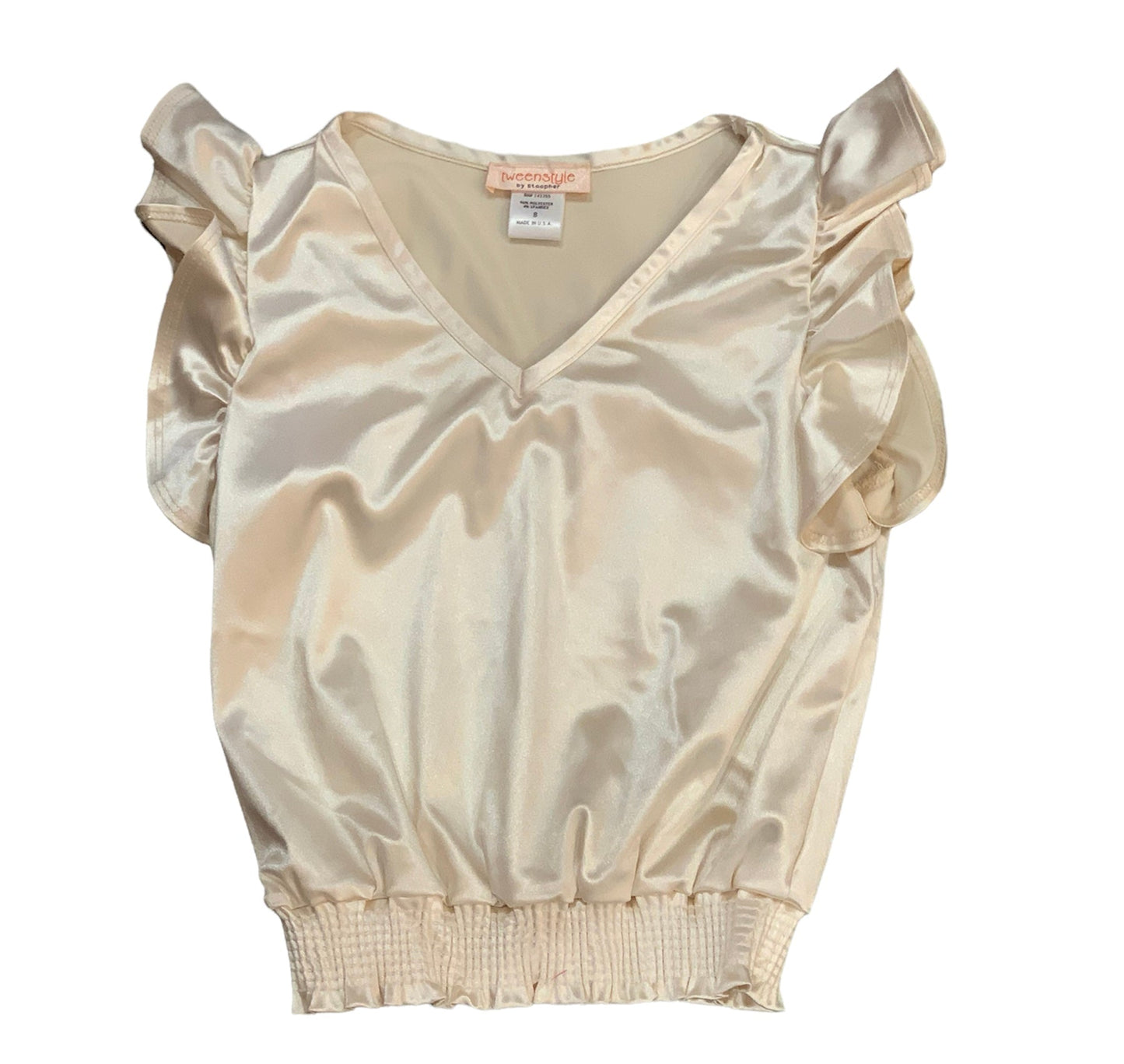 Smocked Hem Satin Top with Flutter Sleeve - Cream
