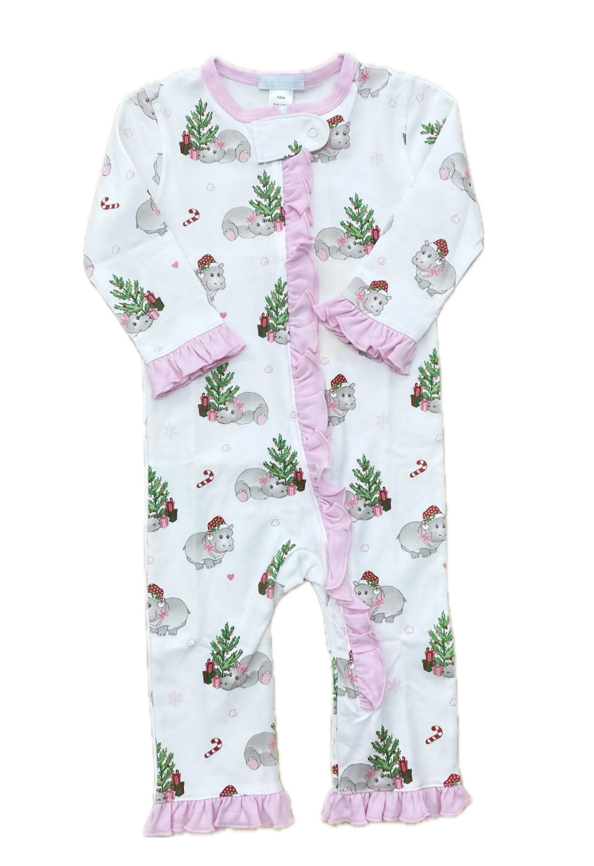 baby girls pink Christmas  hippopotamus footless pajama