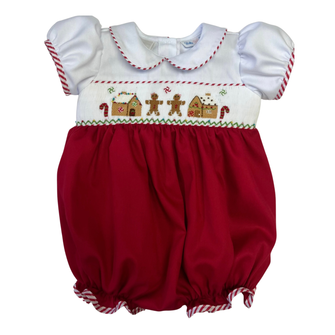baby girls red Rosie gingerbread smocked bubble