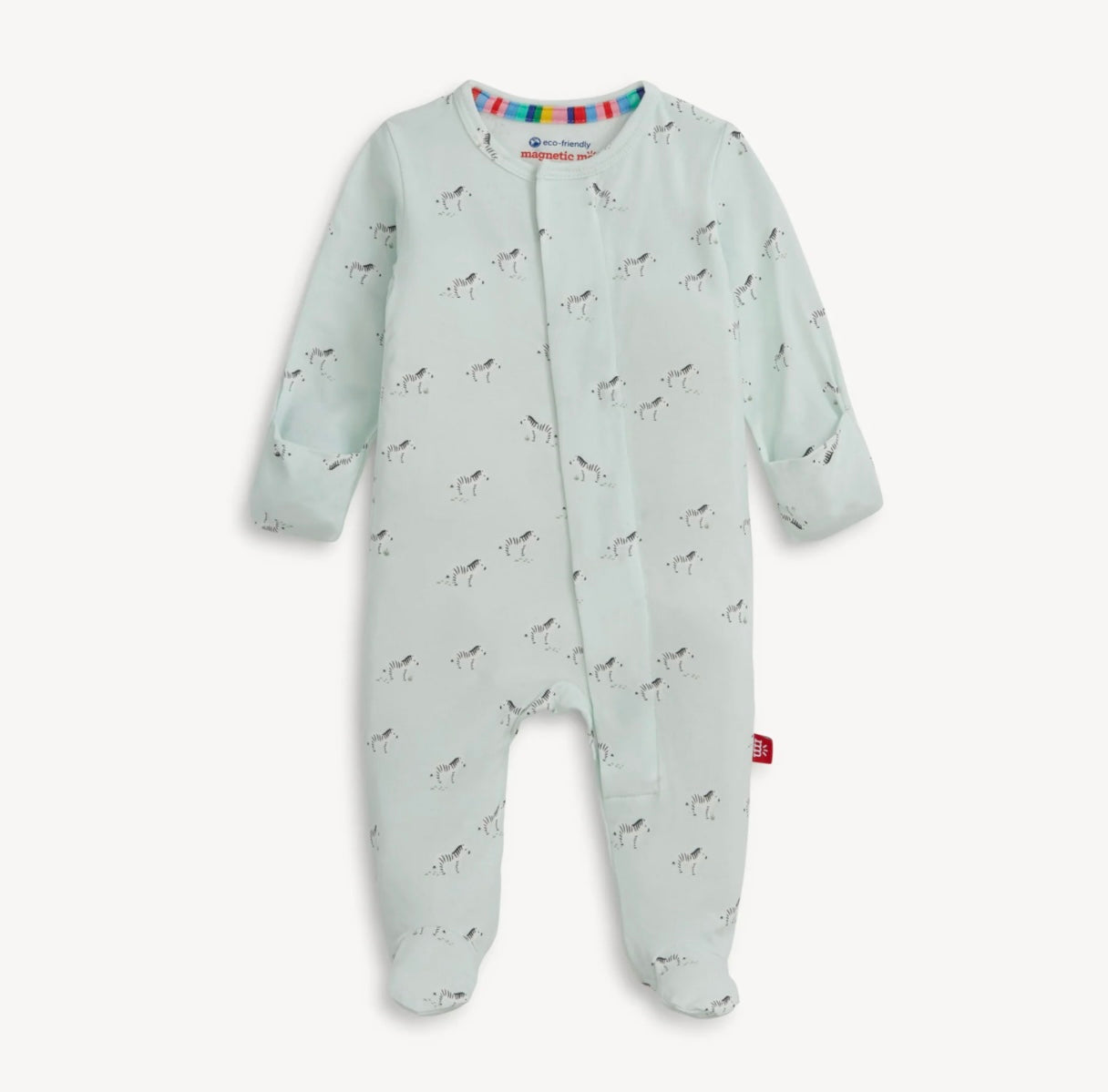 teal baby modal magnetic closure footie with zebras