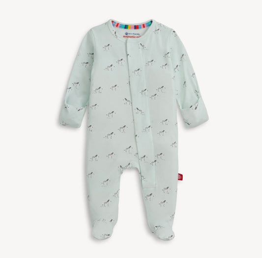 teal baby modal magnetic closure footie with zebras
