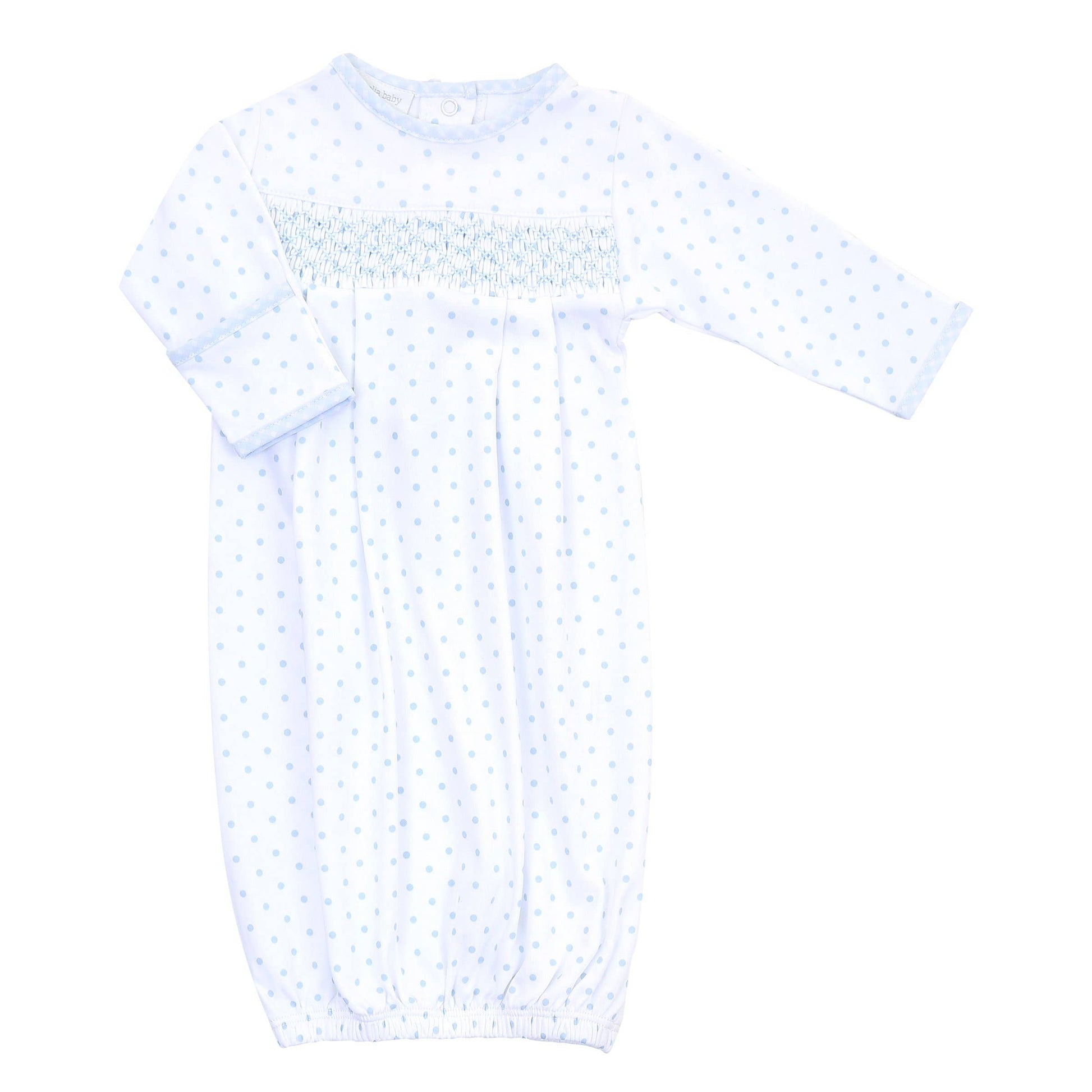 magnolia baby blue gingham dots smocked gown