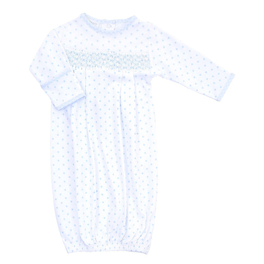 magnolia baby blue gingham dots smocked gown