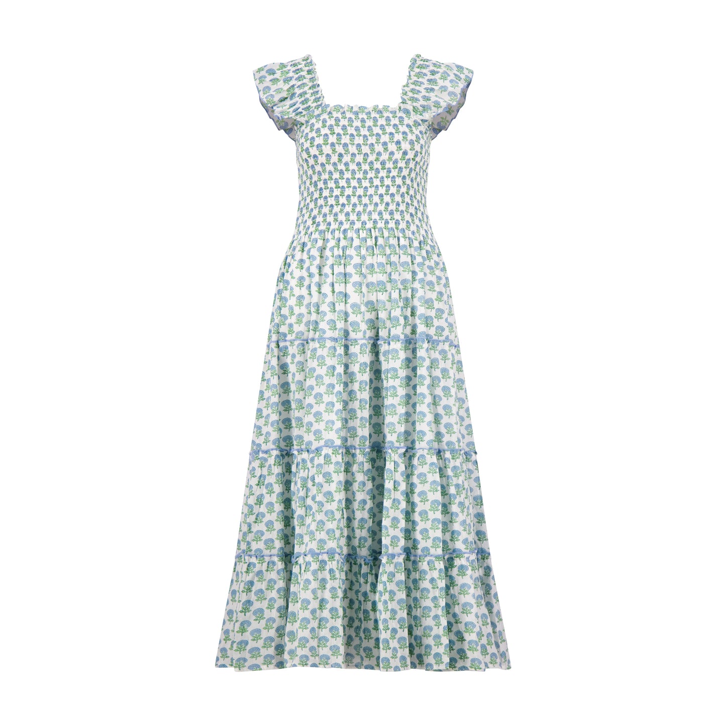 blue  and white floral block patterned smocked maxi dress dress on a white background
