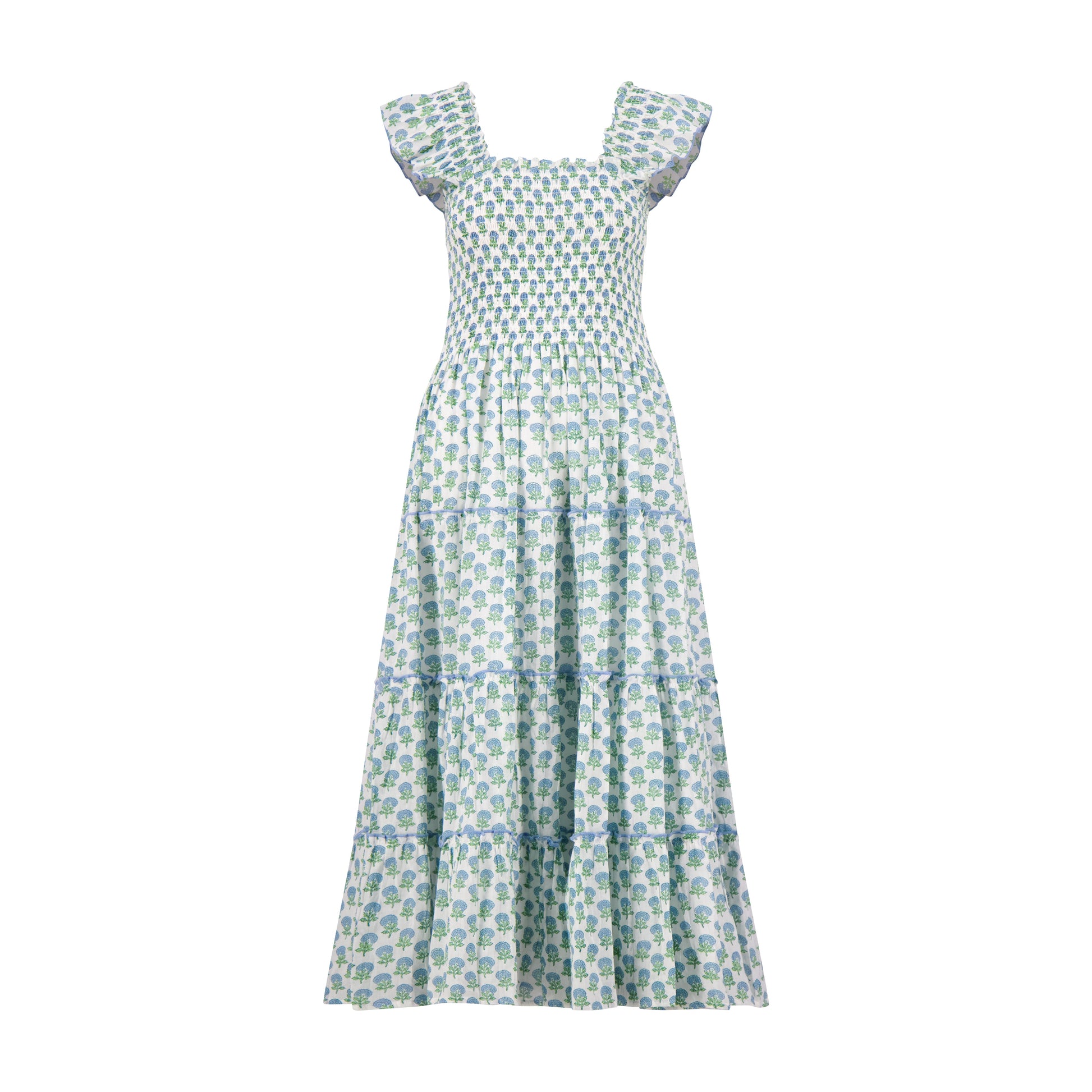blue  and white floral block patterned smocked maxi dress dress on a white background