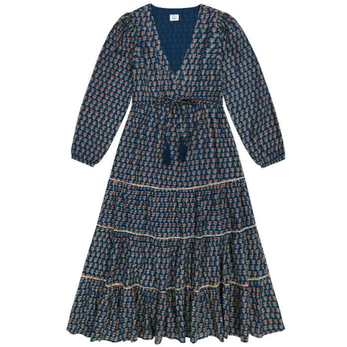 Long-sleeve navy dress with an orange tan pattern and tassels