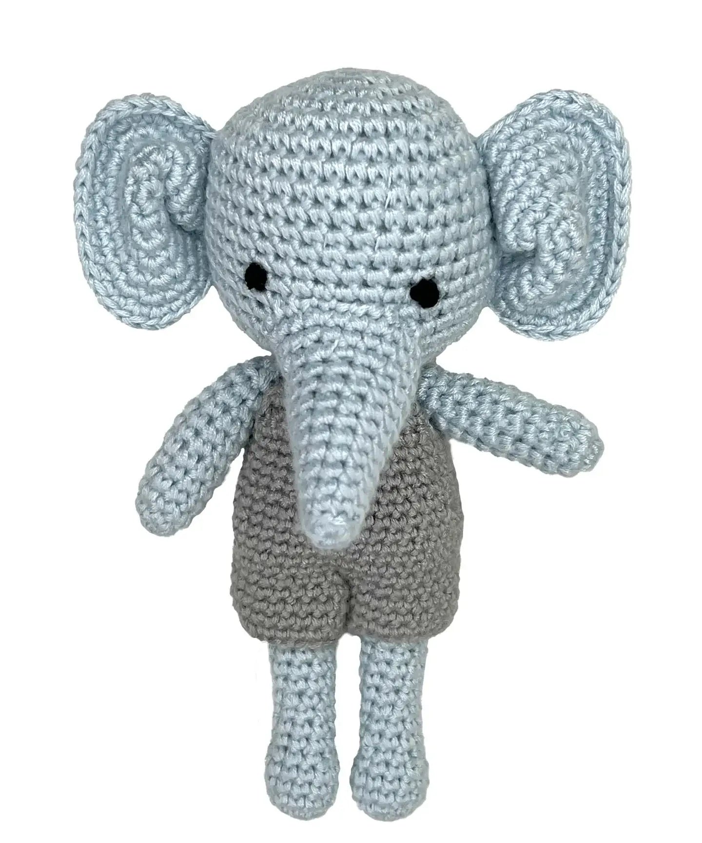 baby blue boys crochet elephant rattle with grey overalls