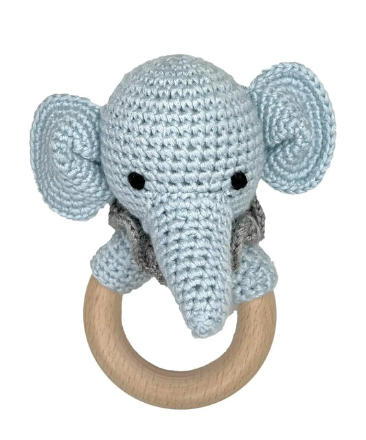 petit ami blue elephant bamboo crochet wood ring rattle