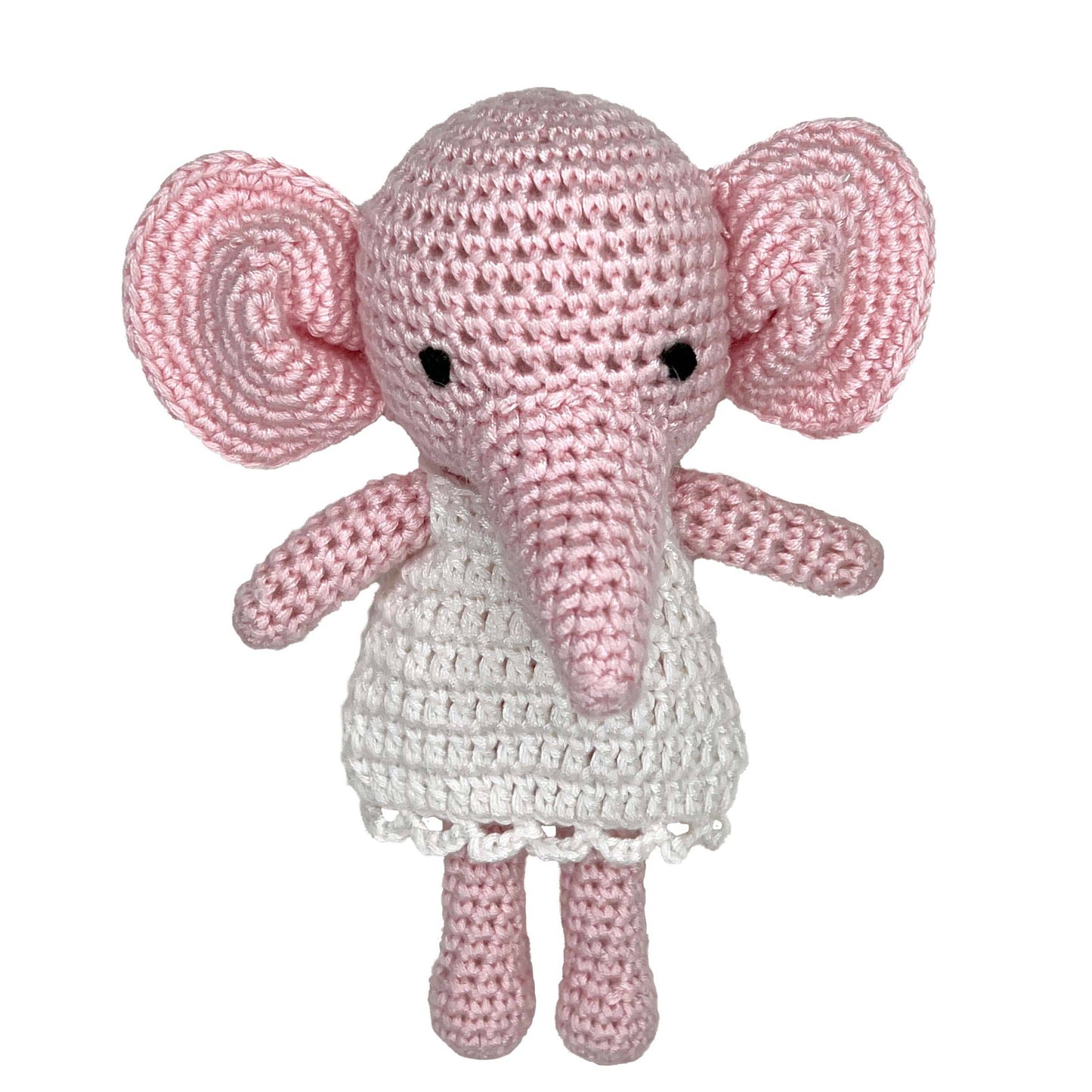 pink crochet elephant rattle with white dress