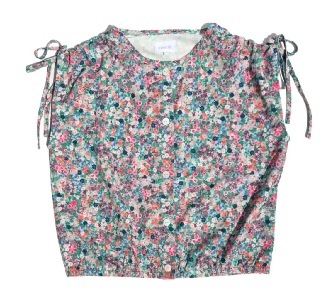 tween girls button down blouse with flowers and cinched waist and adjustable sleeves