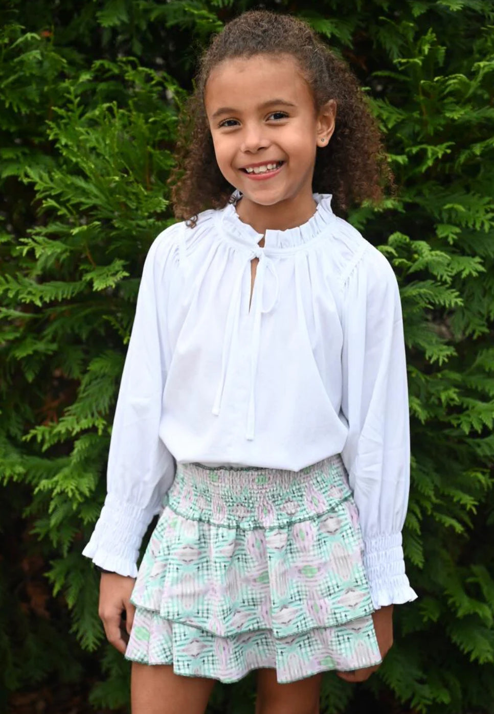 tween girls white blouse with tie front and ruffle neck