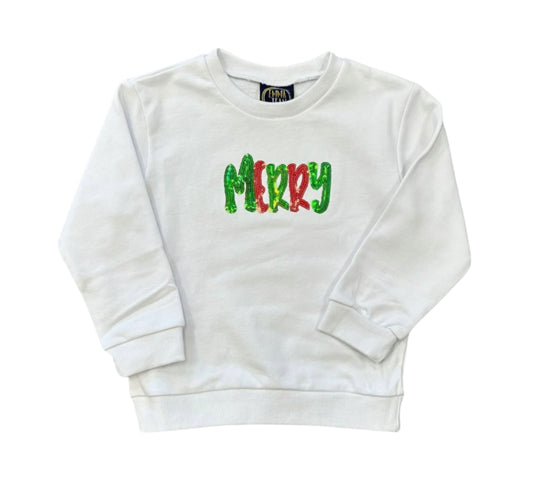 White Sequin Merry Sweatshirt