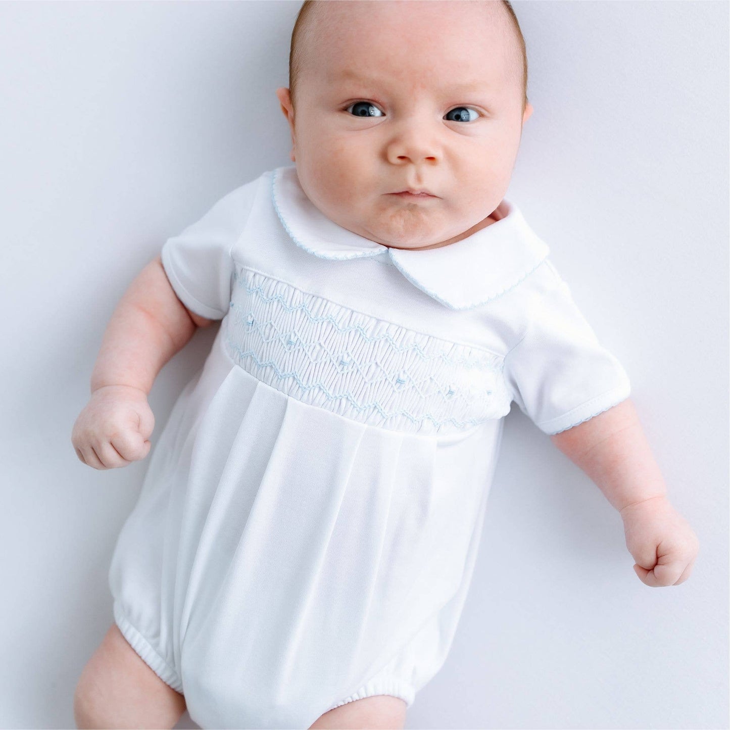 Light Blue Smocked Short Sleeve Bubble