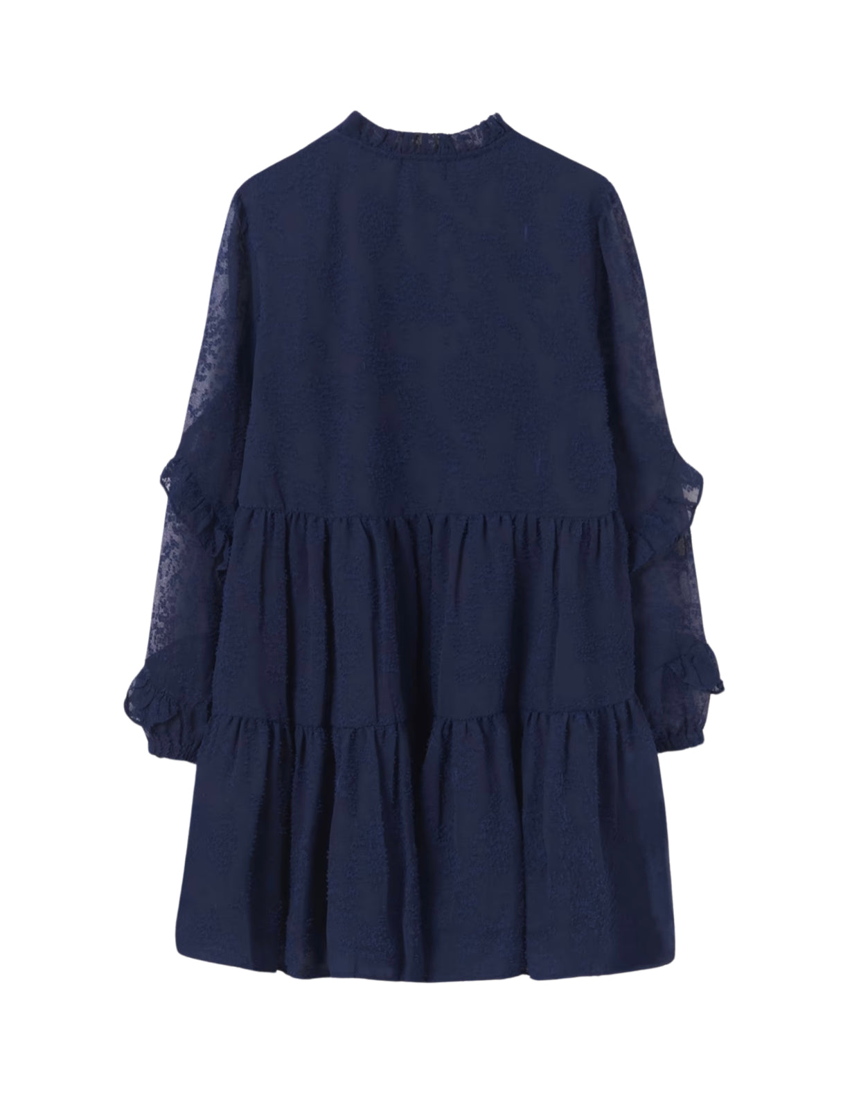 Navy Sheer Sleeve Ruffle Dress