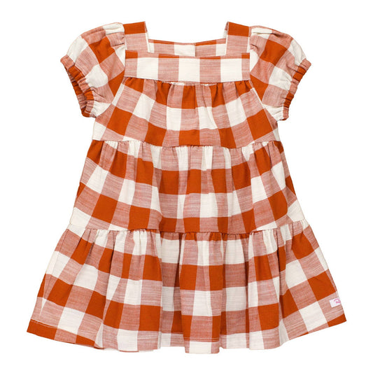 Rust Plaid Puff Short Sleeve Check Tiered Dress