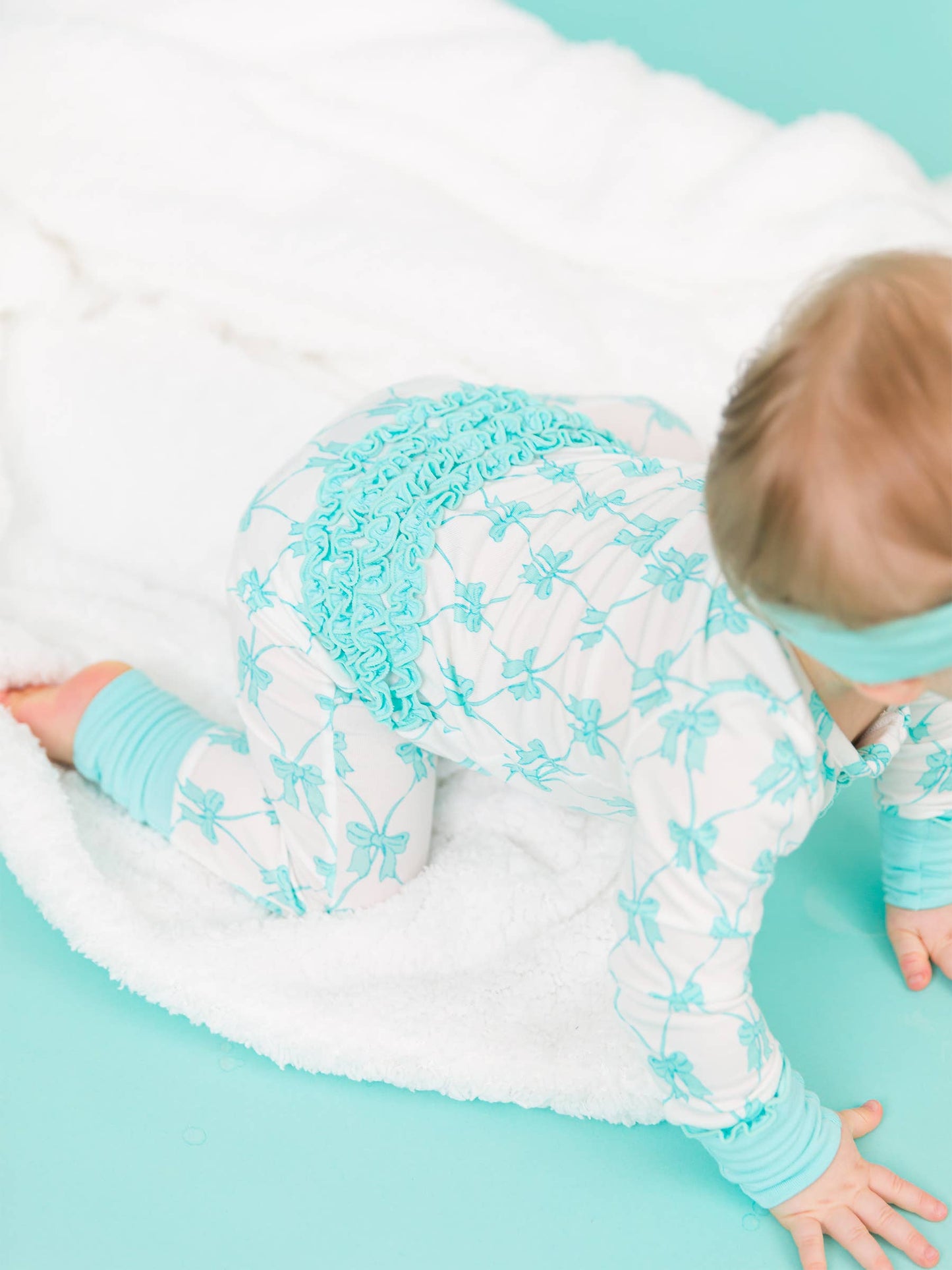 Teal Fairytale Bows Bamboo Viscose Convertible Ruffle One Piece Pajama