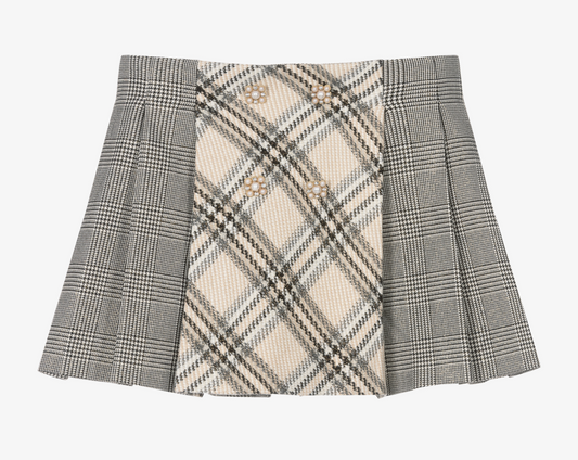 tween girls black and beige pleated tartan plaid skirt with pearl buttons