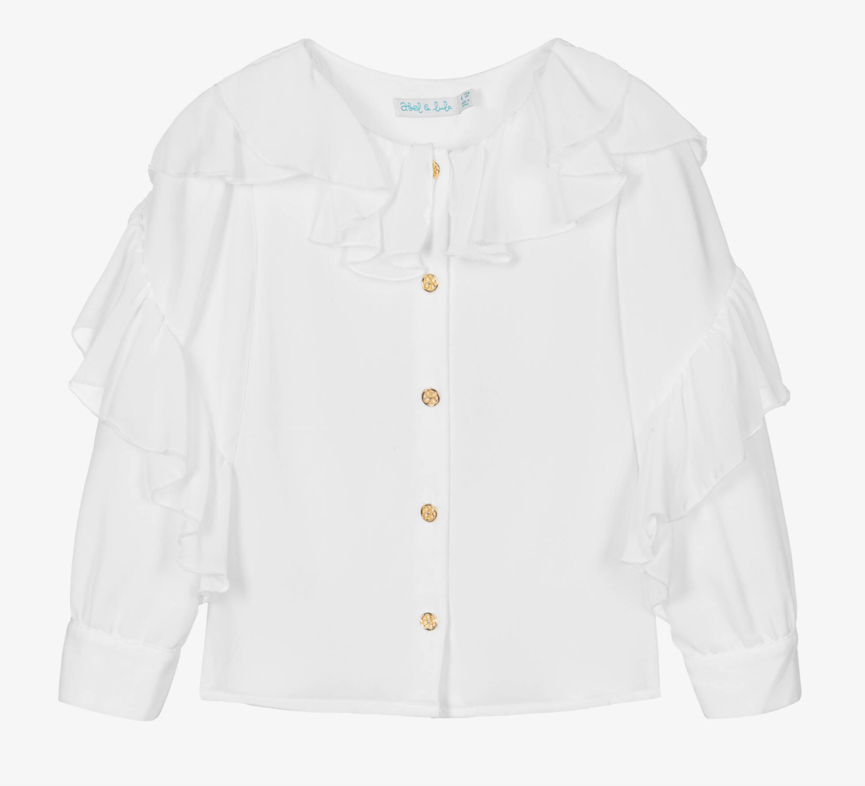 girls white ruffled blouse with gold buttons