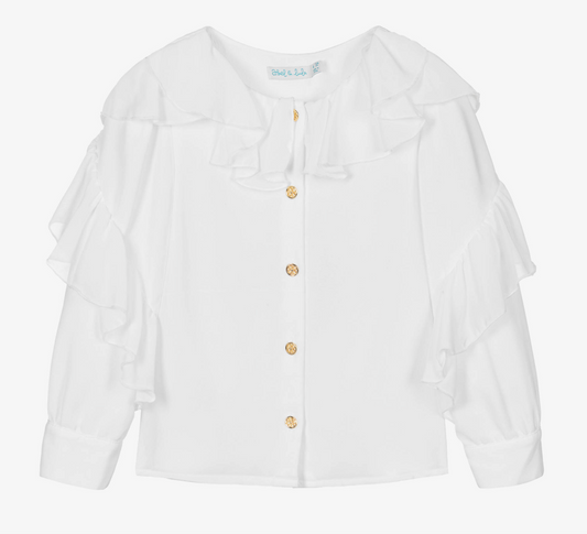 girls white ruffled blouse with gold buttons