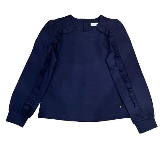 girls navy fleece lined long sleeved top with ruffles down the arms