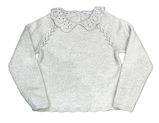 girls oatmeal tan sweater with crochet collar and scalloped edging trim