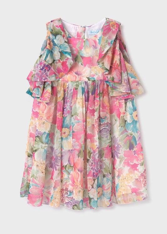 girls salmon multicolored pastel ruffle sleeve dress