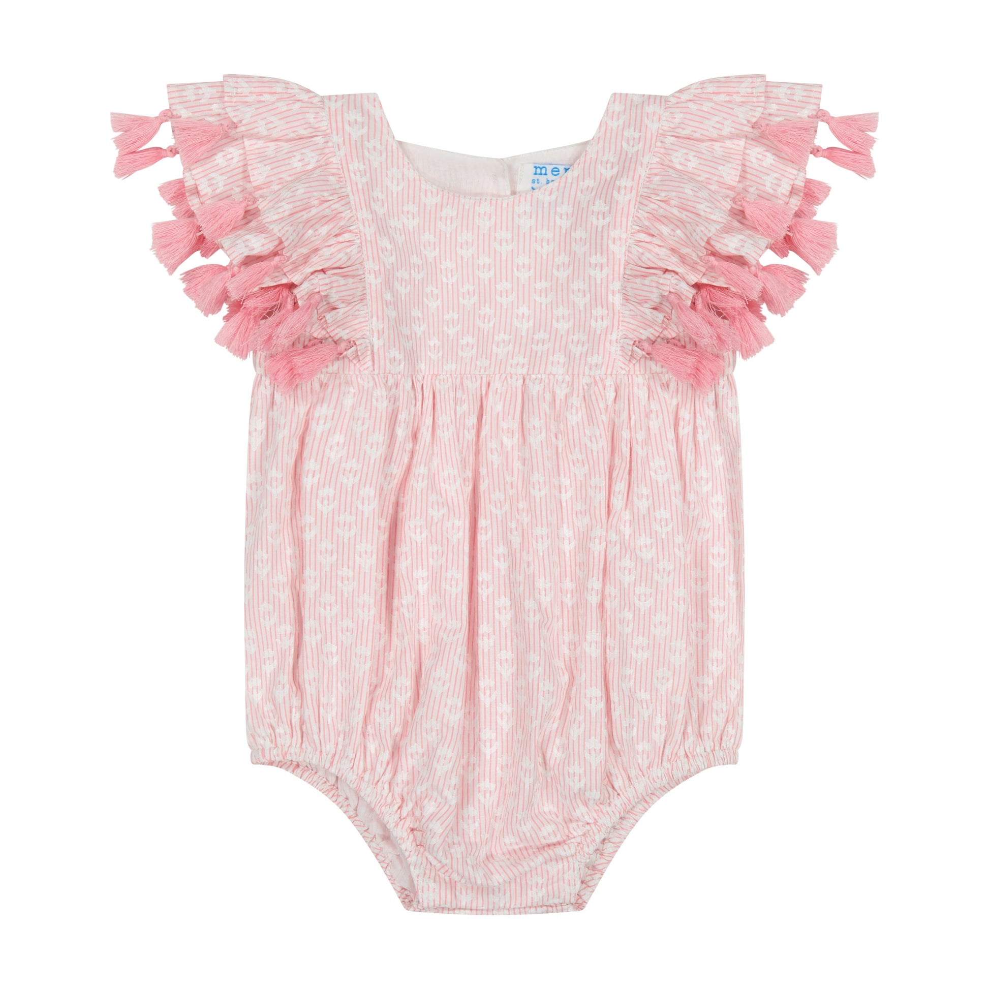 Pink and white baby romper with ruffled  tassel sleeves on a white background