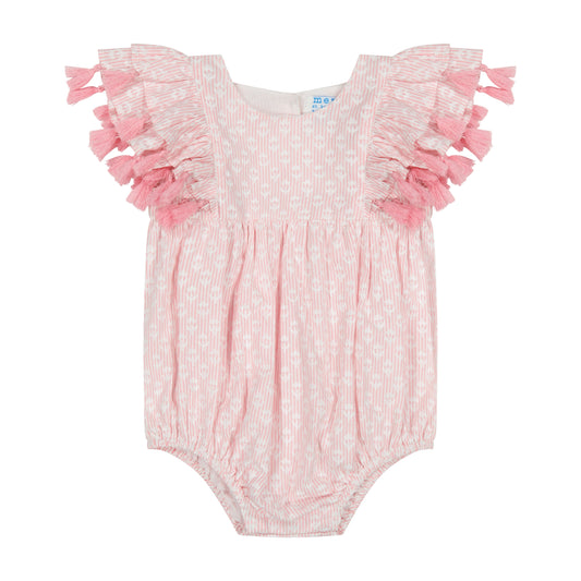Pink and white baby romper with ruffled  tassel sleeves on a white background