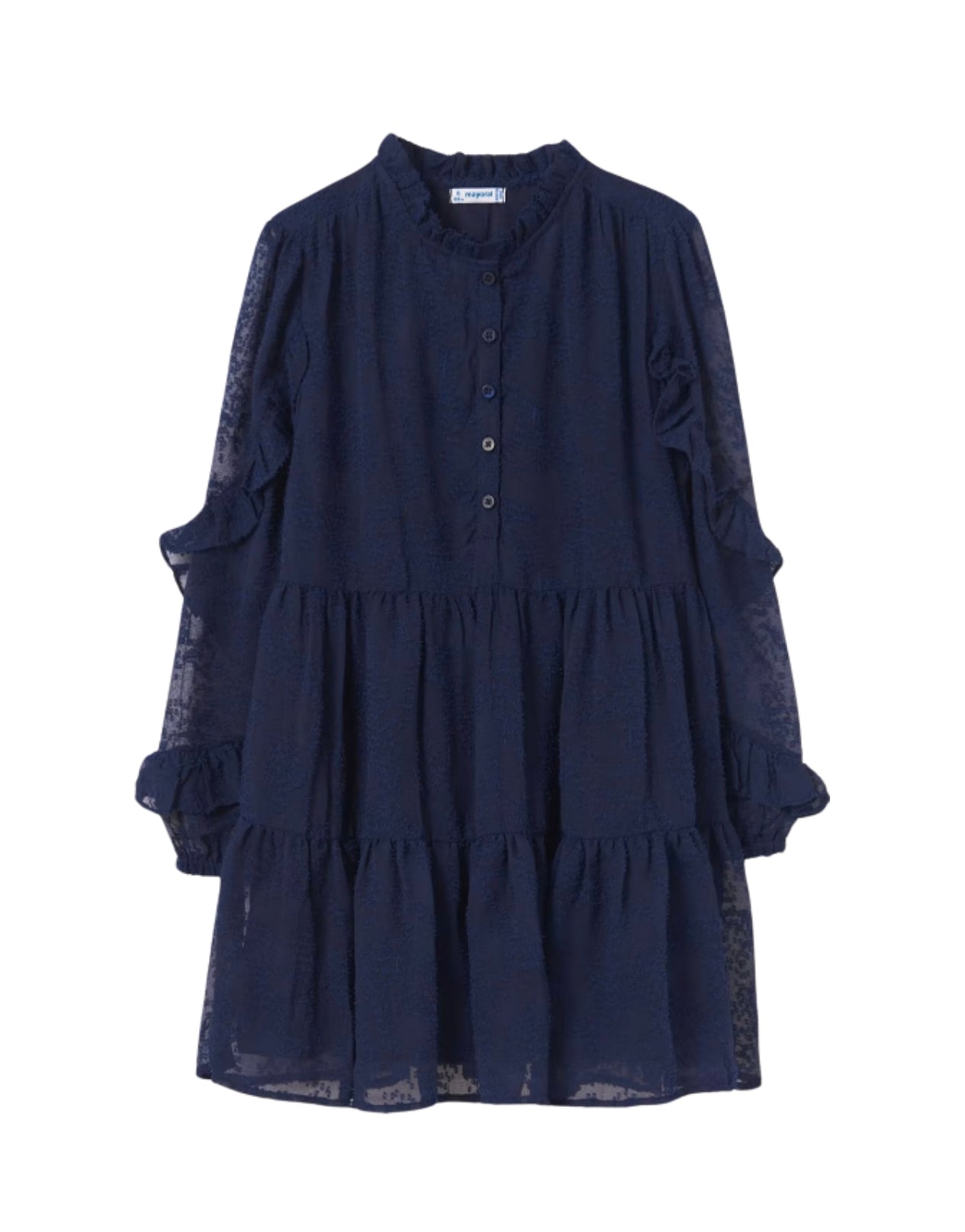 Navy Sheer Sleeve Ruffle Dress