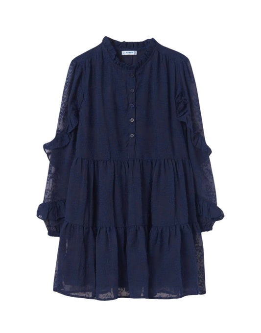 Navy Sheer Sleeve Ruffle Dress