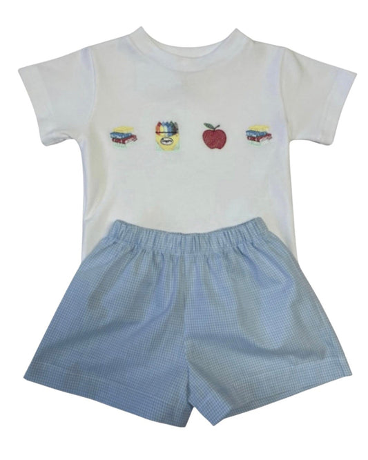 Boy 's outfit with a white shirt and blue shorts school crayon apple appliqué