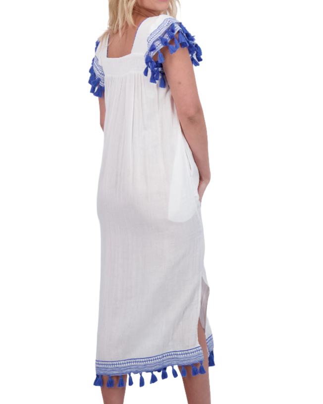Maxi Sandrine Women's Dress White Lapis Blue Embroidery