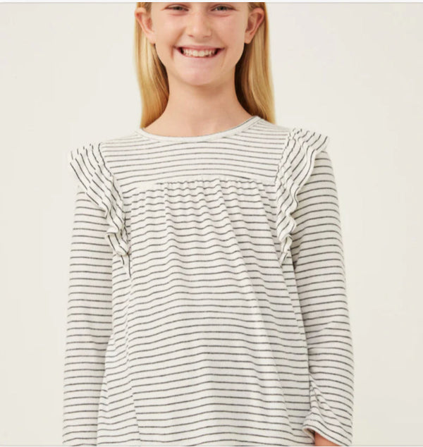 White & Black Striped Ruffle Top