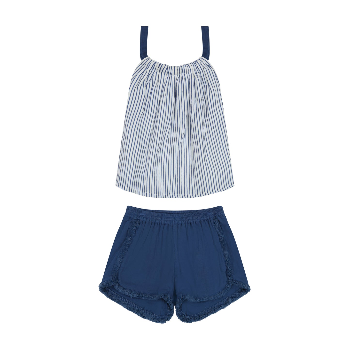 Striped top and blue shorts match mommy