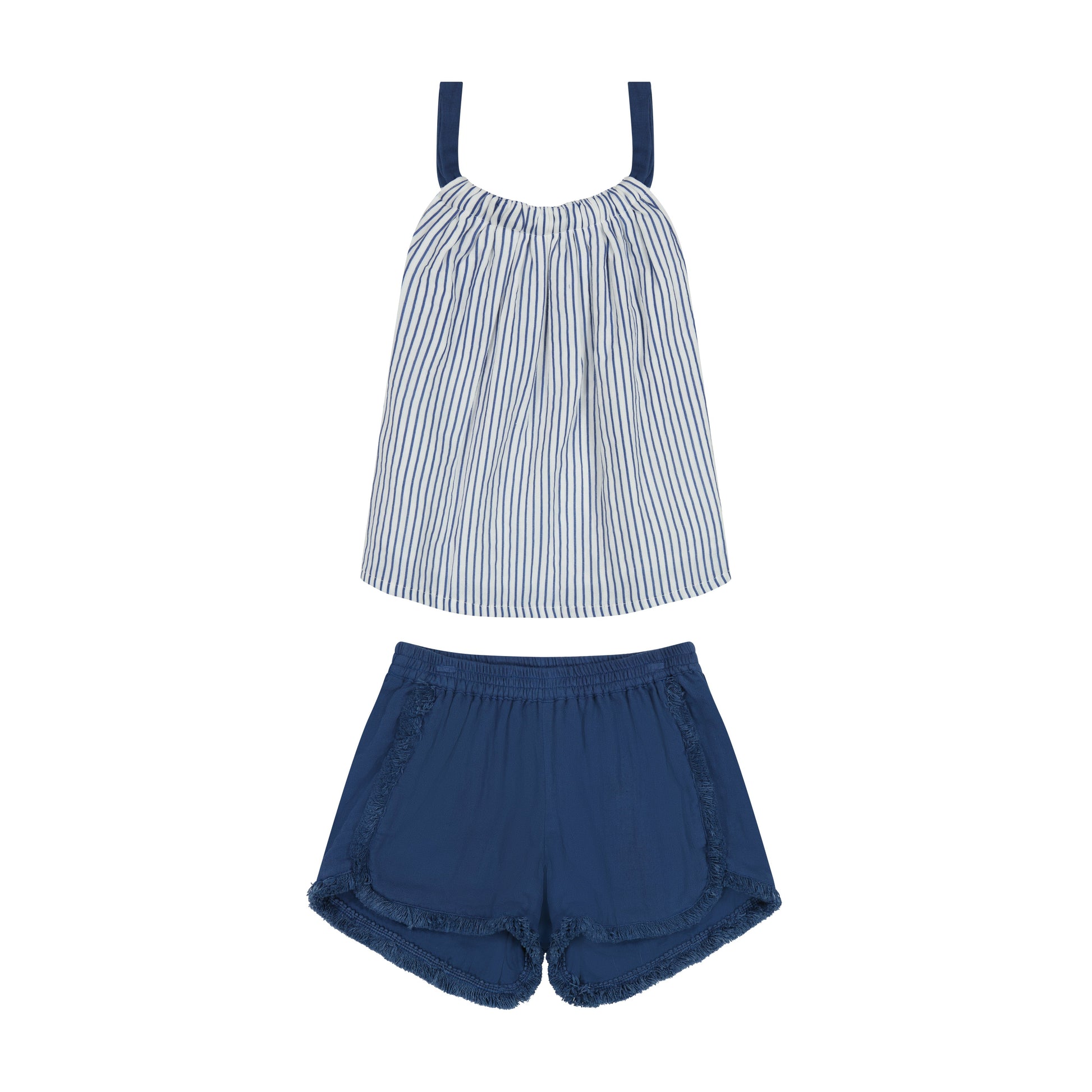 Striped top and blue shorts match mommy