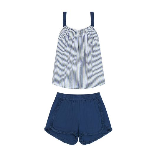 Striped top and blue shorts match mommy