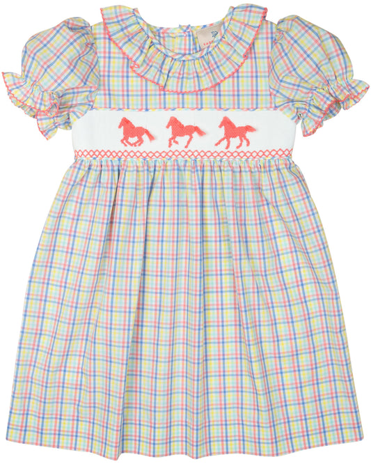 Colorful checkered dress with horse design on a white background