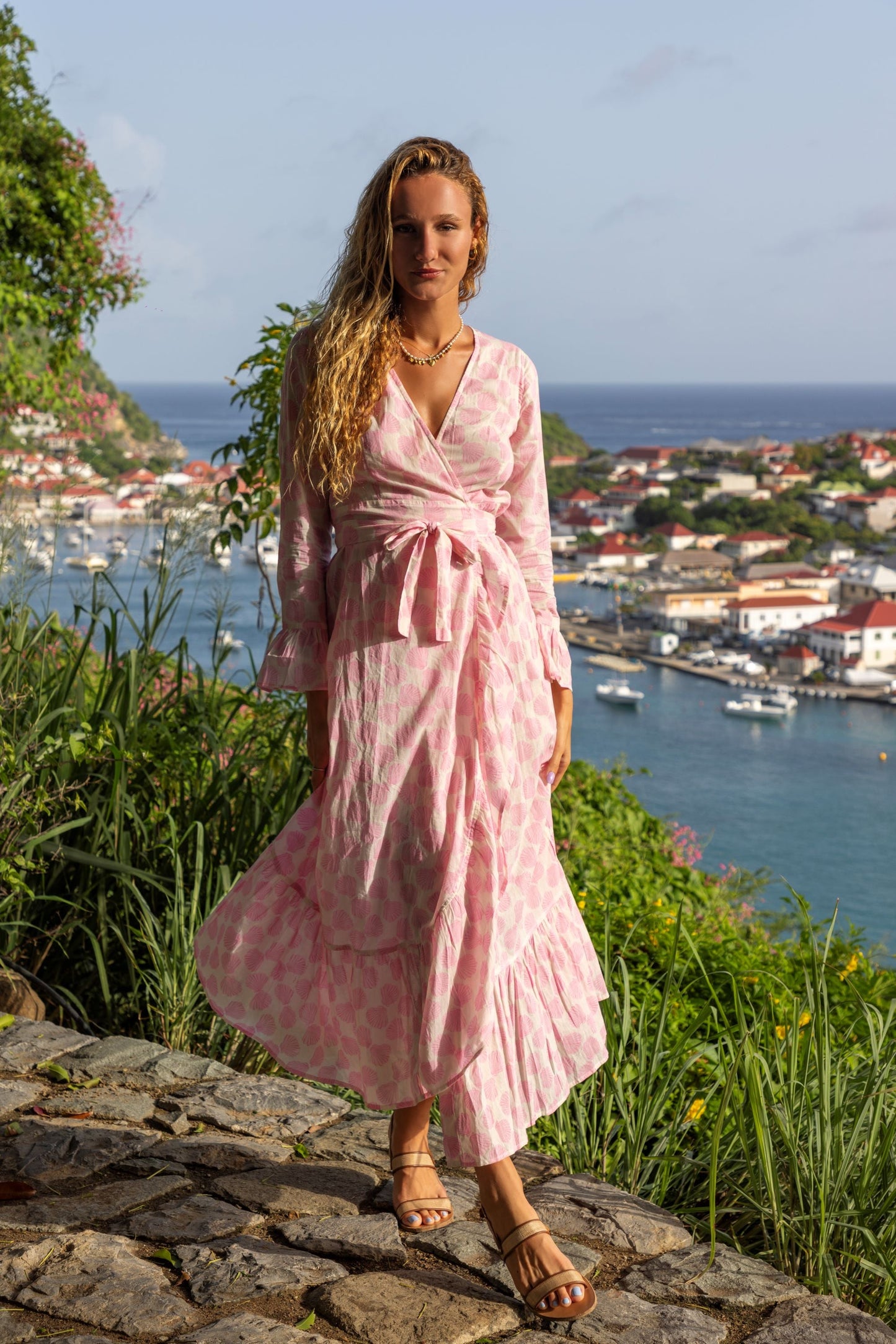 Genevieve Women's Ruffle Wrap Dress Shell Beach Pink