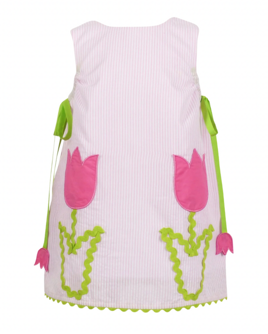 Pink Seersucker Tulip Embroidered Dress