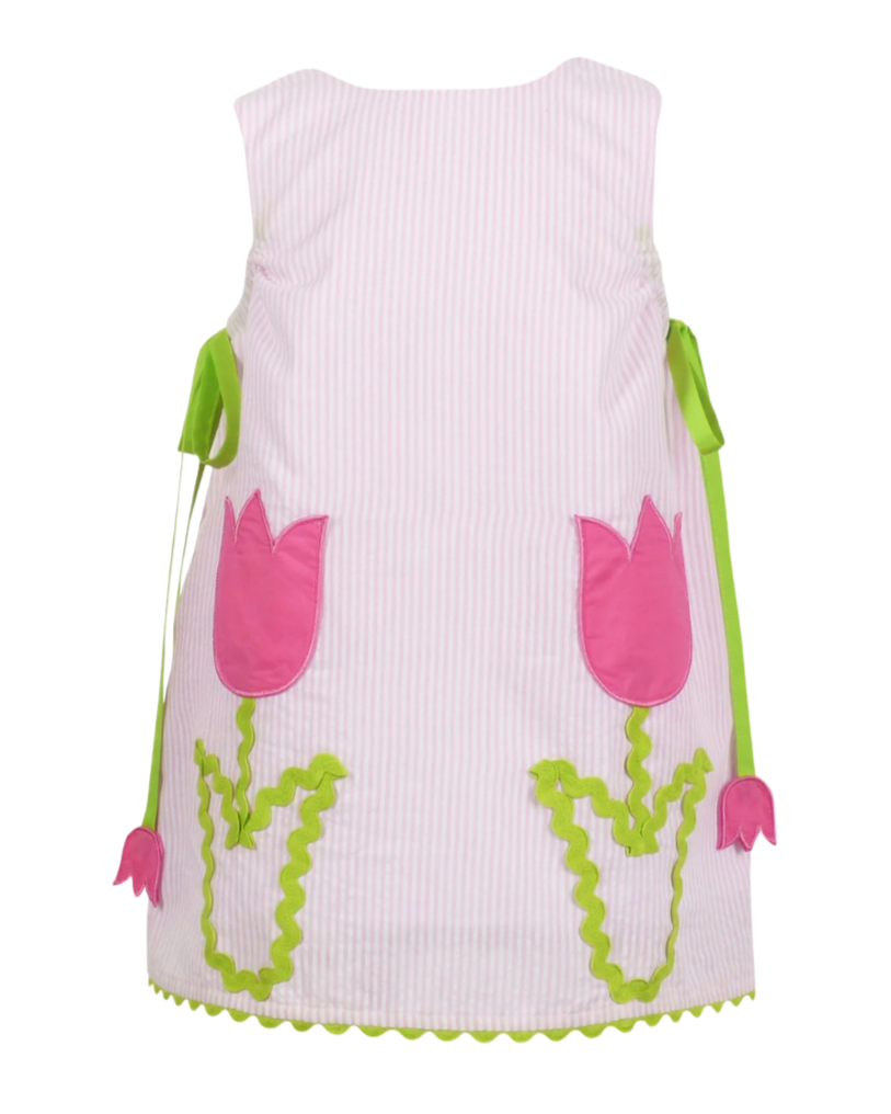 Pink Seersucker Tulip Embroidered Dress
