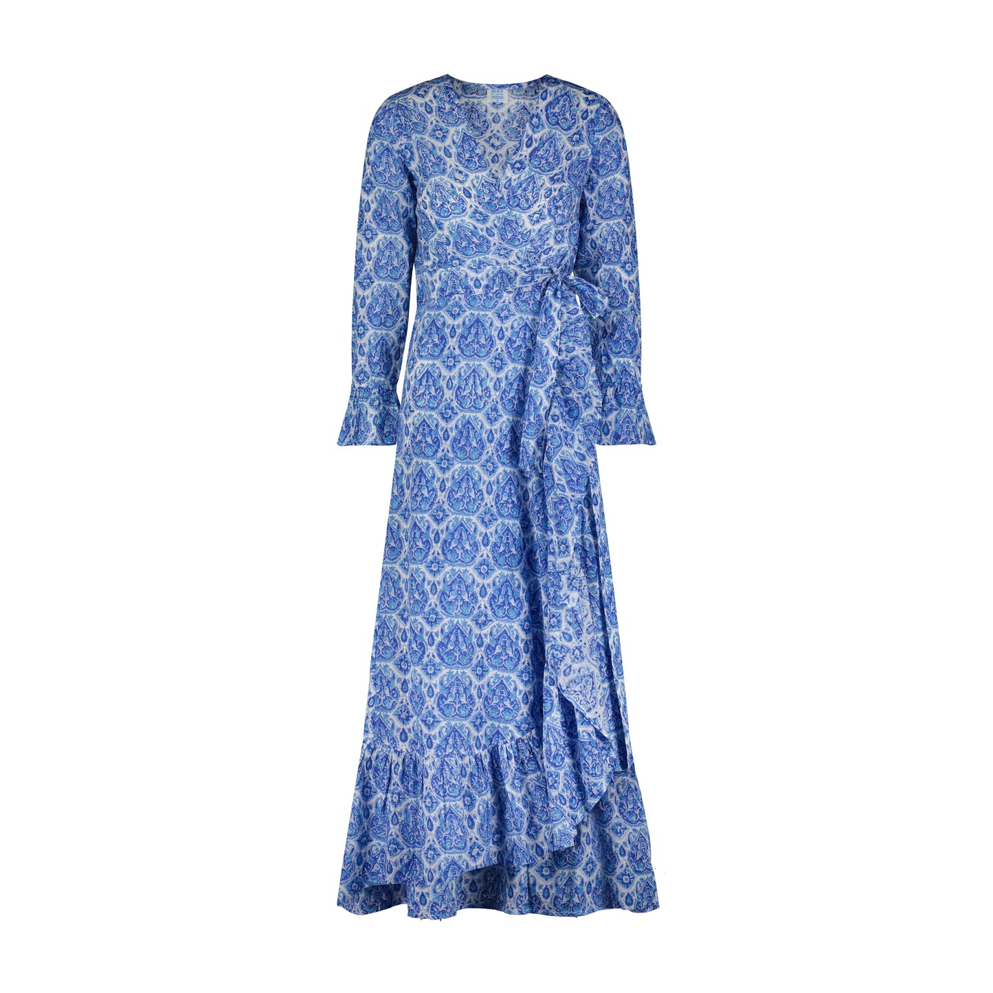 Genevieve Women's Ruffle Wrap Dress Blue Paisley