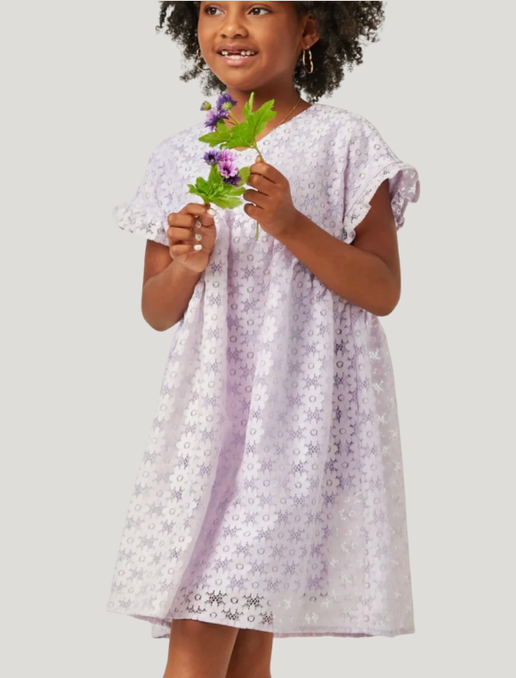 lavender dress with lace daisy's and ruffle sleeves